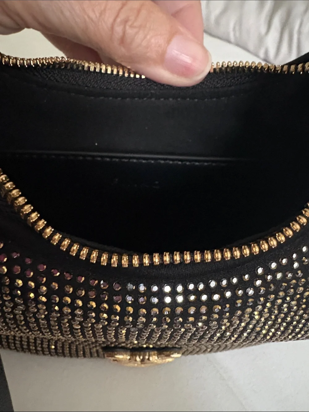 PINKO NEW Brioche bag in black with gold tone rhinestones and gold love birds.